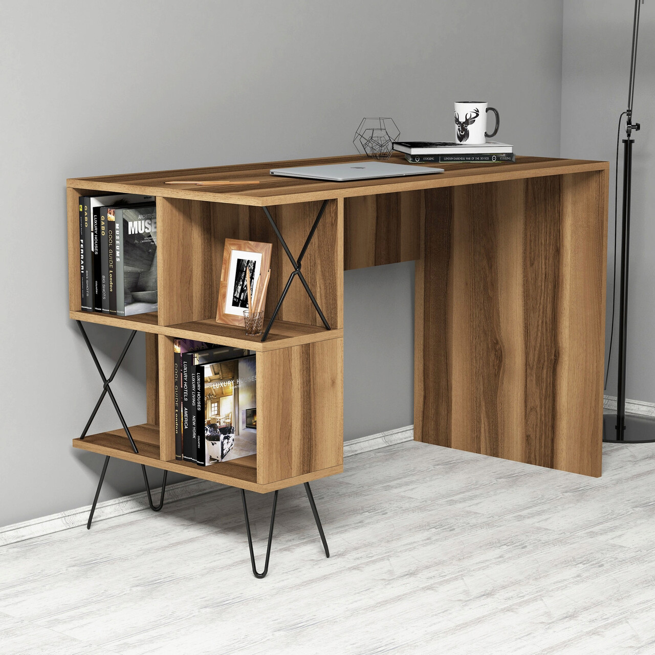 Birou, Hanah Home, Extra, 120x78.8x60 cm, Nuc / Negru - imagine 5